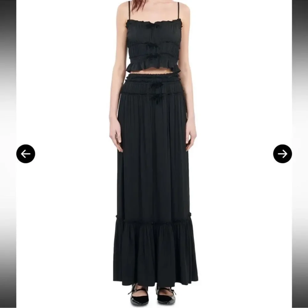 $215 The Kooples Shirred Maxi Skirt Bow Detail NWT - Picture 2 of 11